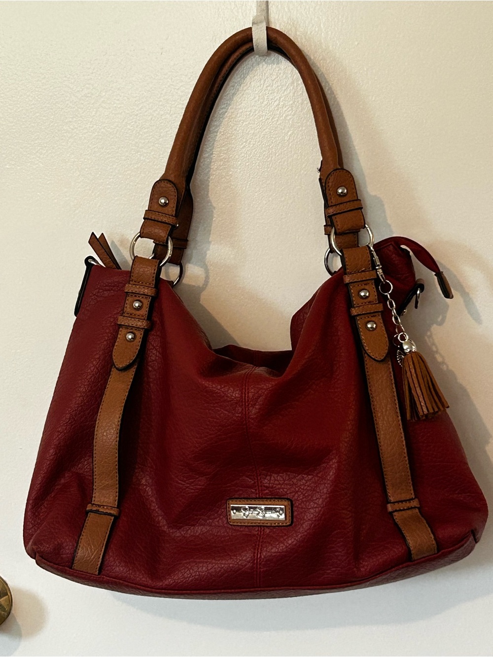 Jessica Simpson Hobo Shoulder Bag - Red Faux Leather / Tan Trim - Tassel Charm